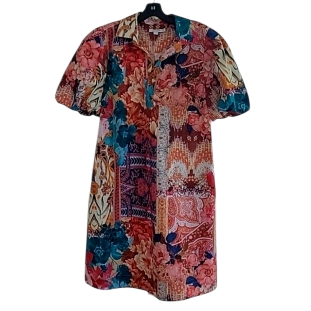 Chico's Colorful Floral Tapestry Patchwork Boho Dress Pima Cotton Size 1 M